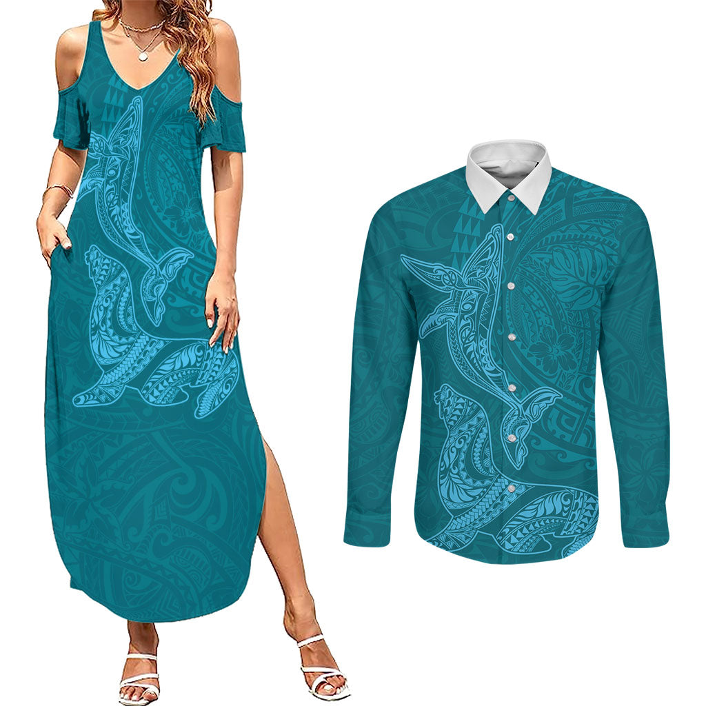 Hawaiian Monk Seal and Whale Couples Matching Summer Maxi Dress and Long Sleeve Button Shirt Kakau Tribal Pattern Teal Color