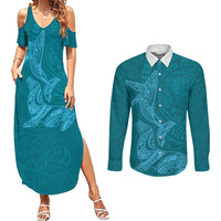Hawaiian Monk Seal and Whale Couples Matching Summer Maxi Dress and Long Sleeve Button Shirt Kakau Tribal Pattern Teal Color