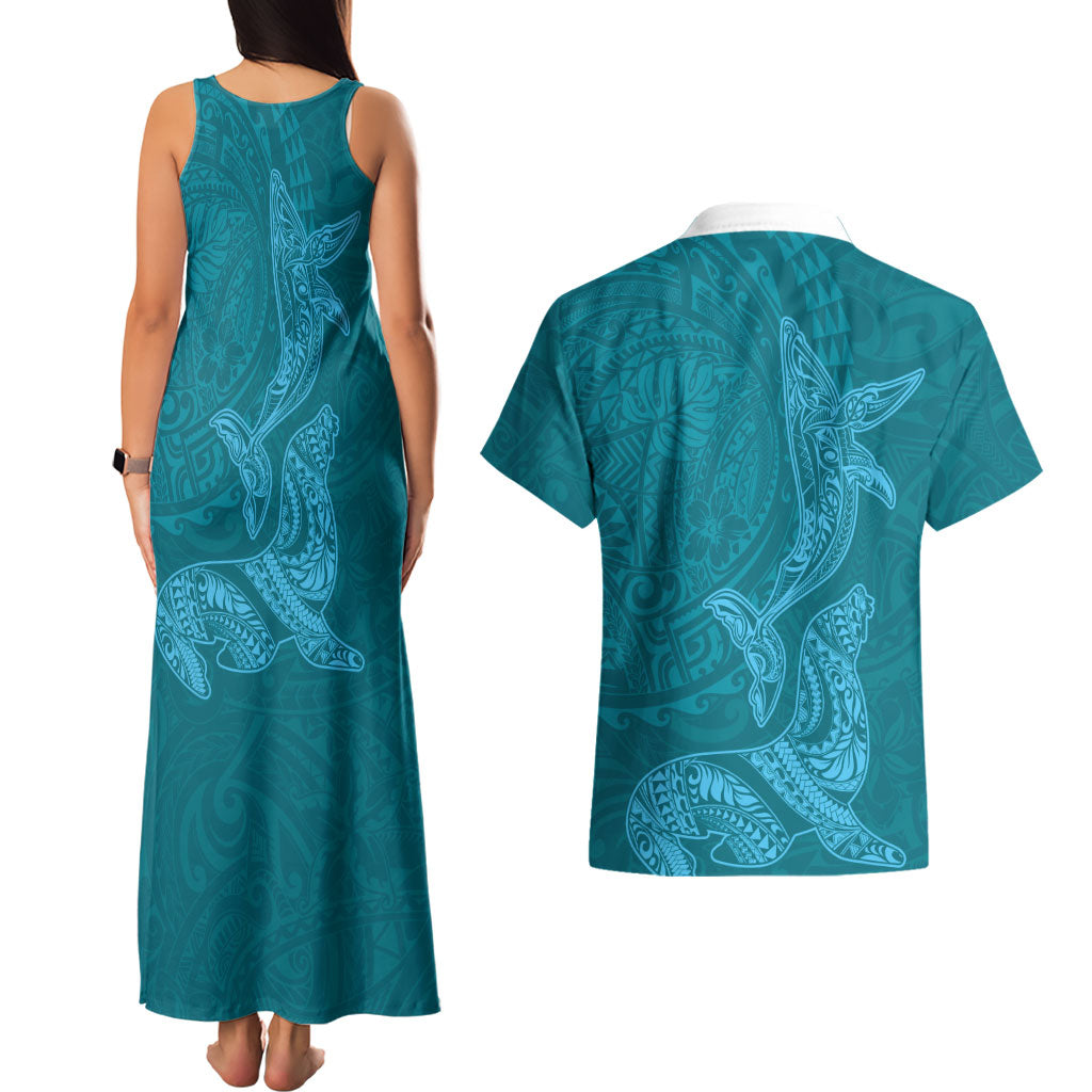 Hawaiian Monk Seal and Whale Couples Matching Tank Maxi Dress and Hawaiian Shirt Kakau Tribal Pattern Teal Color