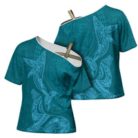 Hawaiian Monk Seal and Whale Cross Shoulder Shirt Kakau Tribal Pattern Teal Color
