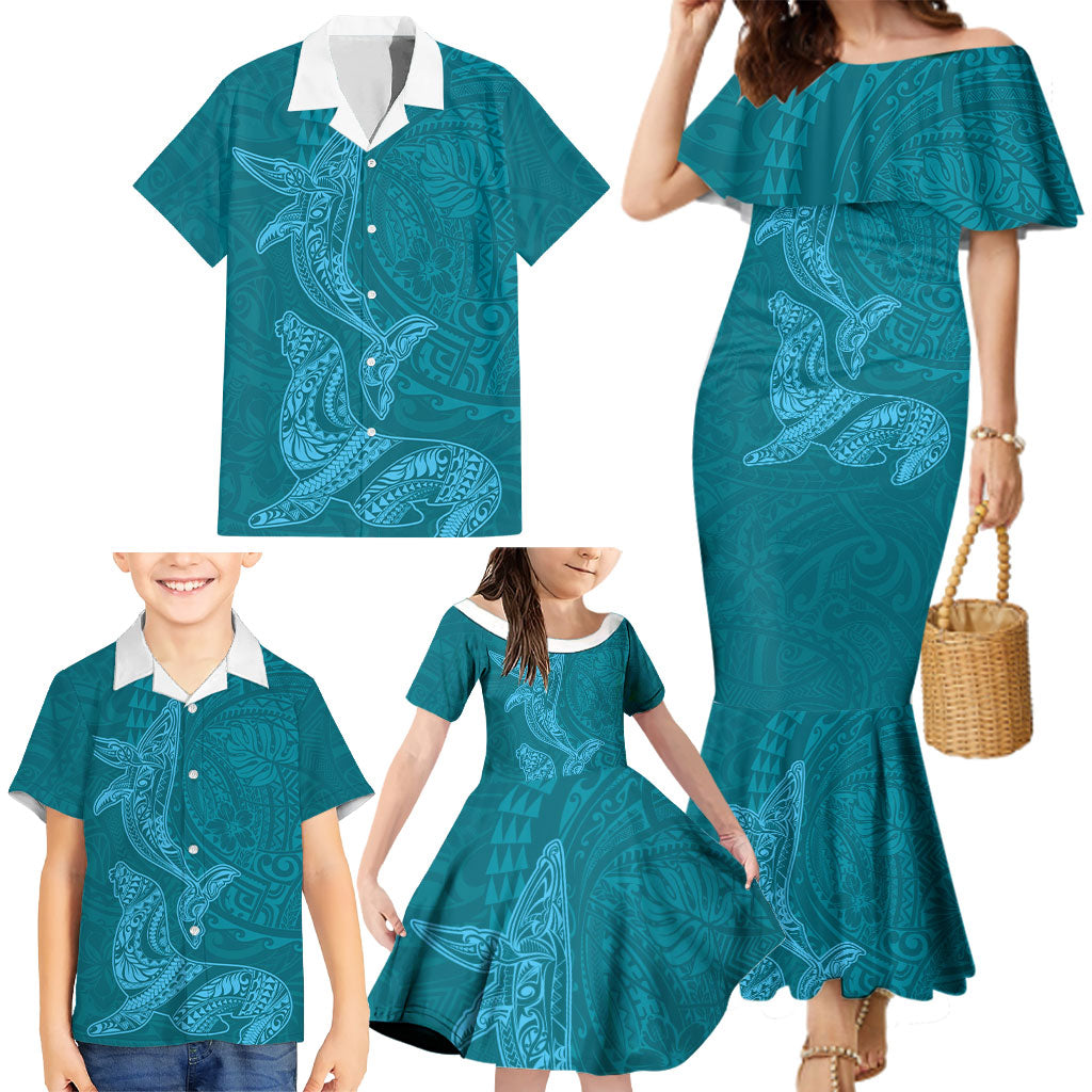Hawaiian Monk Seal and Whale Family Matching Mermaid Dress and Hawaiian Shirt Kakau Tribal Pattern Teal Color