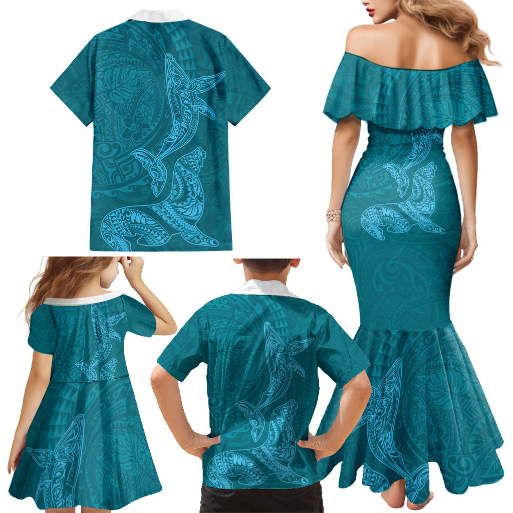 Hawaiian Monk Seal and Whale Family Matching Mermaid Dress and Hawaiian Shirt Kakau Tribal Pattern Teal Color