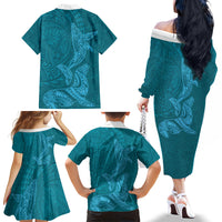Hawaiian Monk Seal and Whale Family Matching Off The Shoulder Long Sleeve Dress and Hawaiian Shirt Kakau Tribal Pattern Teal Color