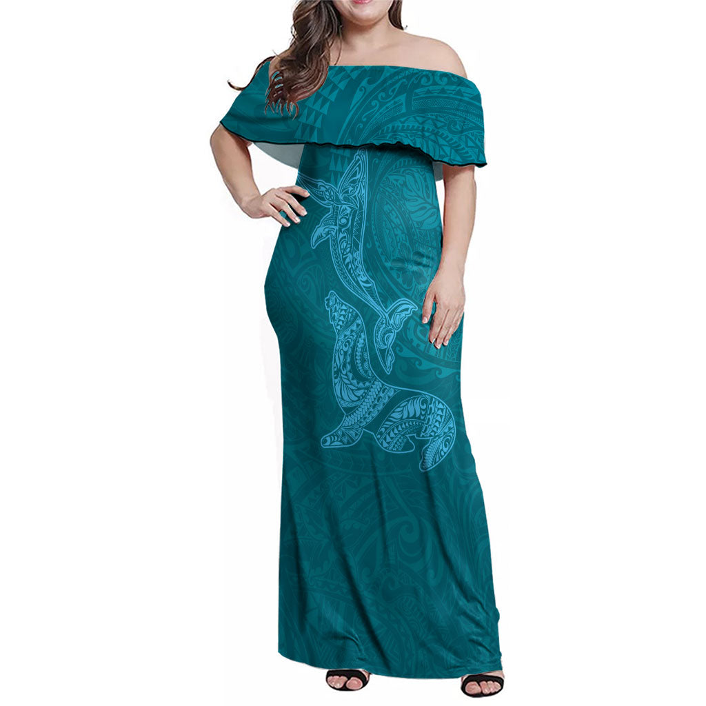 Hawaiian Monk Seal and Whale Family Matching Off Shoulder Maxi Dress and Hawaiian Shirt Kakau Tribal Pattern Teal Color