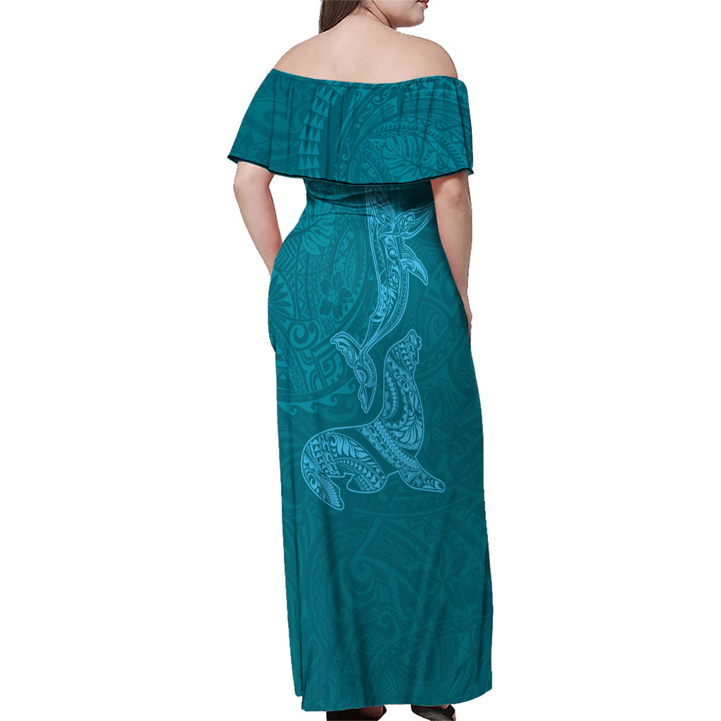 Hawaiian Monk Seal and Whale Family Matching Off Shoulder Maxi Dress and Hawaiian Shirt Kakau Tribal Pattern Teal Color