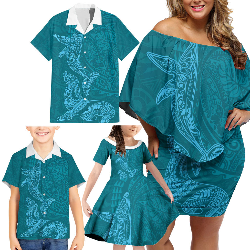 Hawaiian Monk Seal and Whale Family Matching Off Shoulder Short Dress and Hawaiian Shirt Kakau Tribal Pattern Teal Color