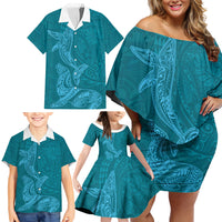 Hawaiian Monk Seal and Whale Family Matching Off Shoulder Short Dress and Hawaiian Shirt Kakau Tribal Pattern Teal Color