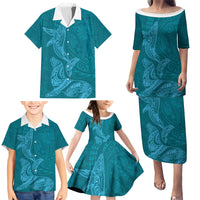 Hawaiian Monk Seal and Whale Family Matching Puletasi and Hawaiian Shirt Kakau Tribal Pattern Teal Color