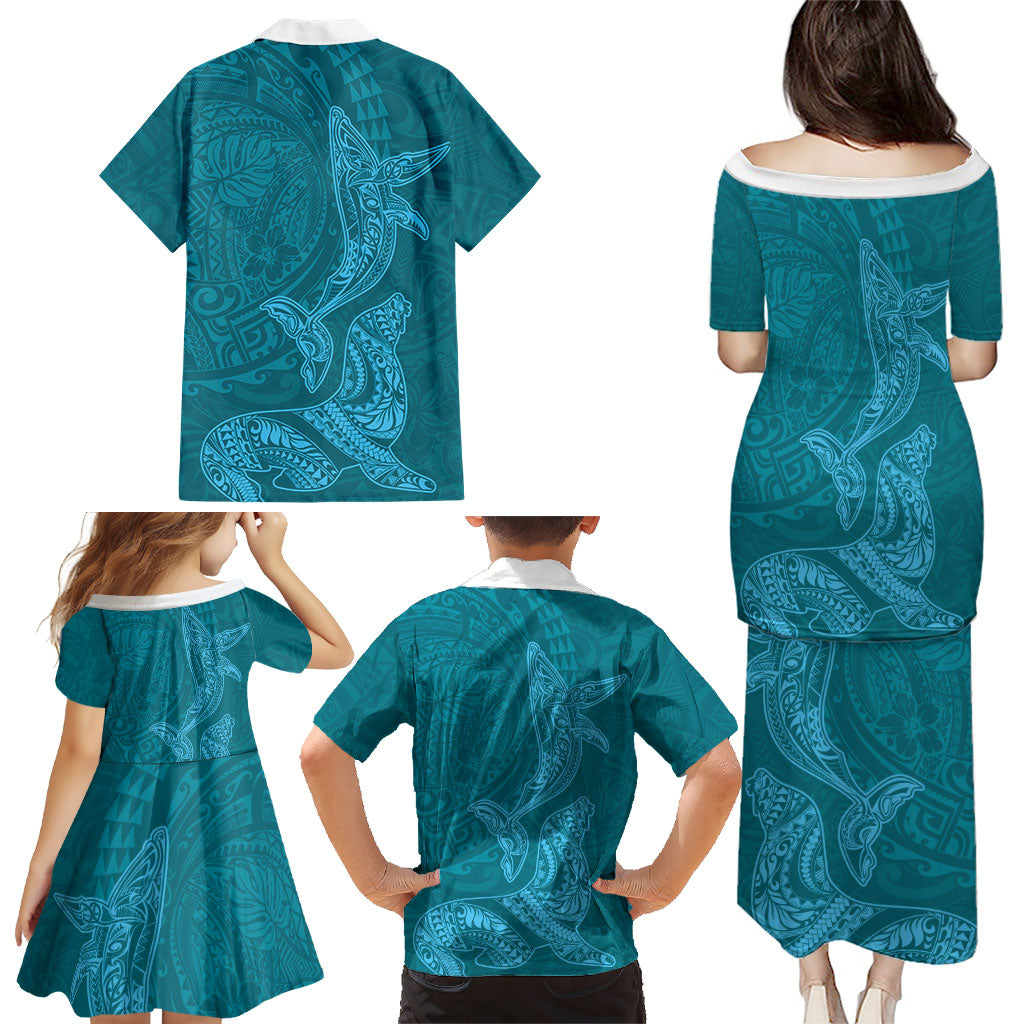 Hawaiian Monk Seal and Whale Family Matching Puletasi and Hawaiian Shirt Kakau Tribal Pattern Teal Color