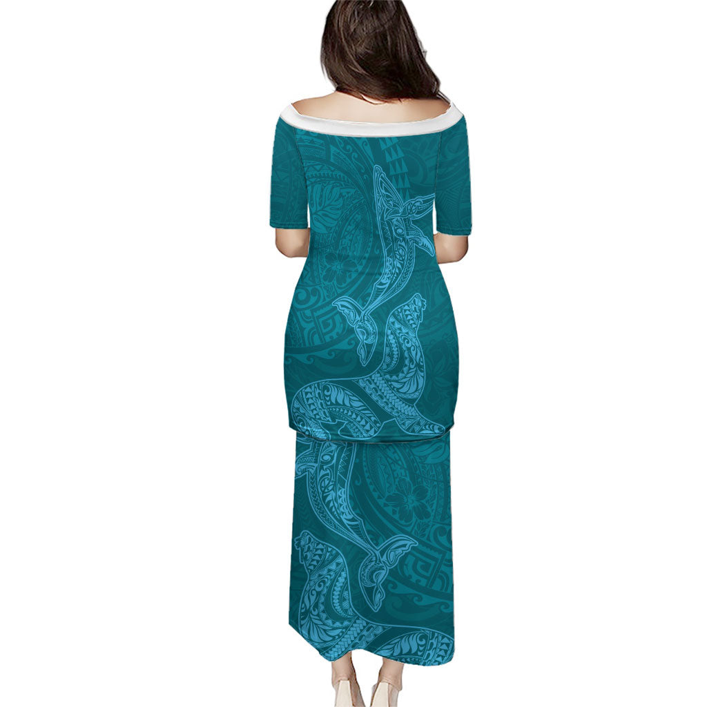 Hawaiian Monk Seal and Whale Family Matching Puletasi and Hawaiian Shirt Kakau Tribal Pattern Teal Color