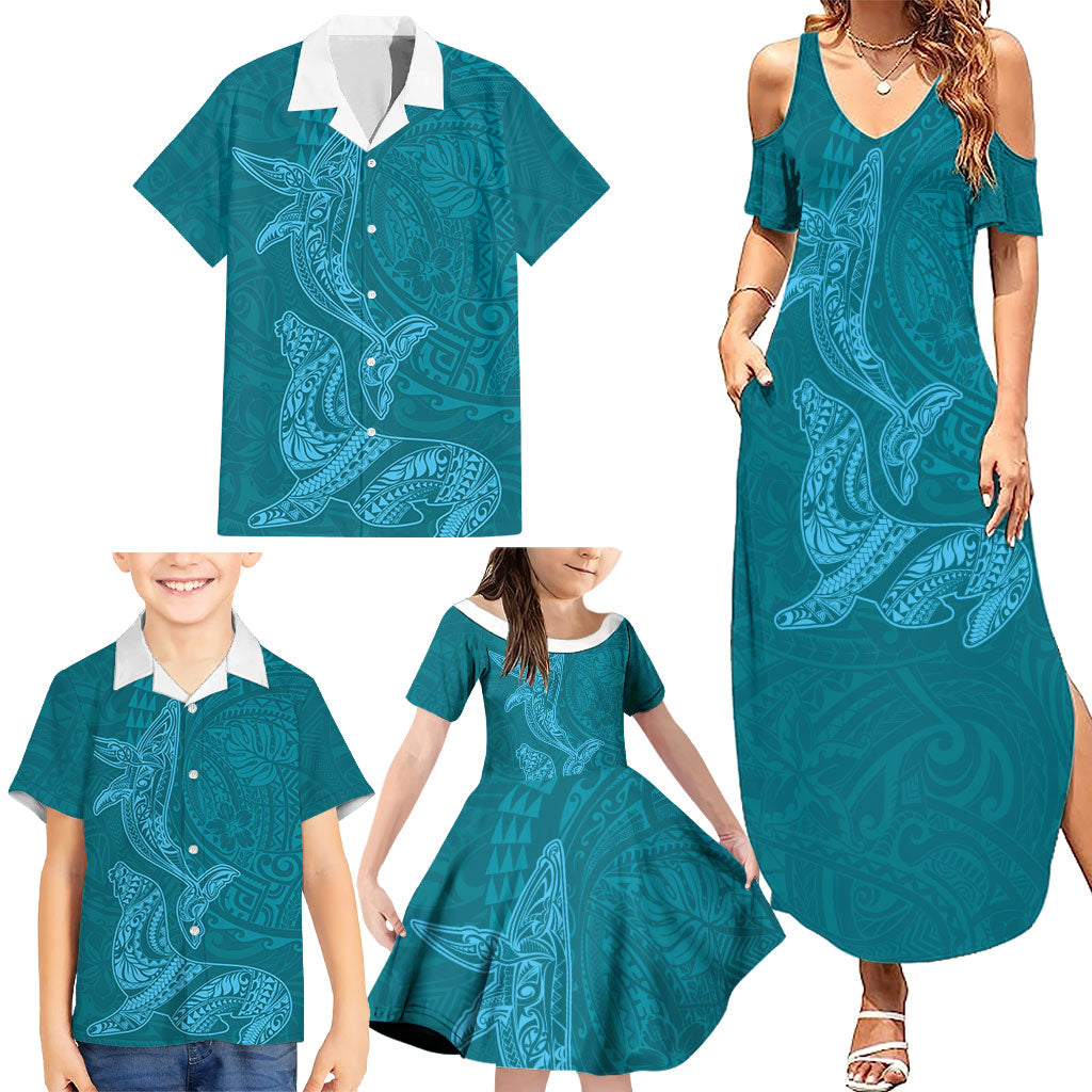 Hawaiian Monk Seal and Whale Family Matching Summer Maxi Dress and Hawaiian Shirt Kakau Tribal Pattern Teal Color