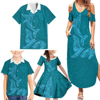 Hawaiian Monk Seal and Whale Family Matching Summer Maxi Dress and Hawaiian Shirt Kakau Tribal Pattern Teal Color