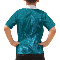 Hawaiian Monk Seal and Whale Family Matching Tank Maxi Dress and Hawaiian Shirt Kakau Tribal Pattern Teal Color LT03 - Polynesian Pride