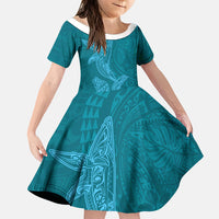 Hawaiian Monk Seal and Whale Family Matching Tank Maxi Dress and Hawaiian Shirt Kakau Tribal Pattern Teal Color LT03 Daughter's Dress Teal - Polynesian Pride