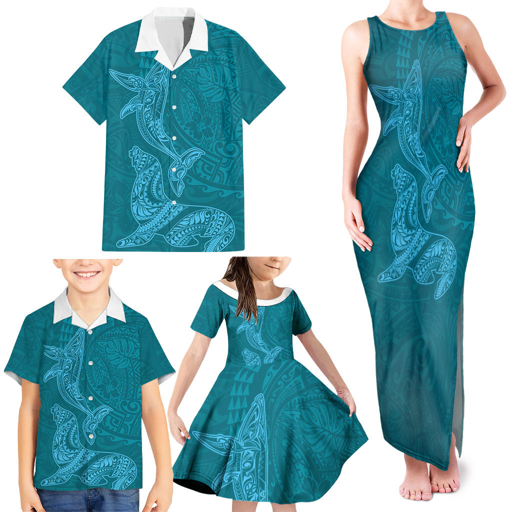 Hawaiian Monk Seal and Whale Family Matching Tank Maxi Dress and Hawaiian Shirt Kakau Tribal Pattern Teal Color LT03 - Polynesian Pride