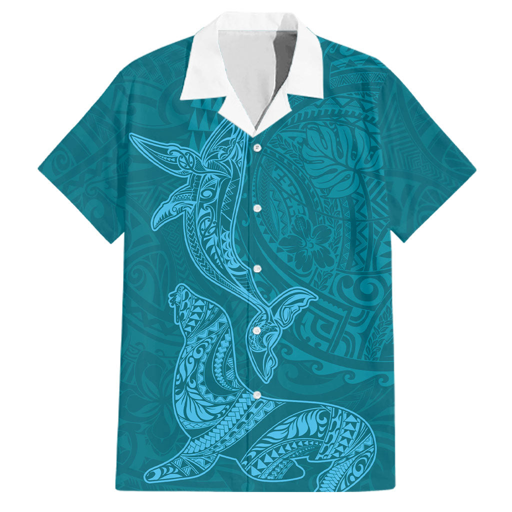 Hawaiian Monk Seal and Whale Family Matching Tank Maxi Dress and Hawaiian Shirt Kakau Tribal Pattern Teal Color LT03 Dad's Shirt - Short Sleeve Teal - Polynesian Pride