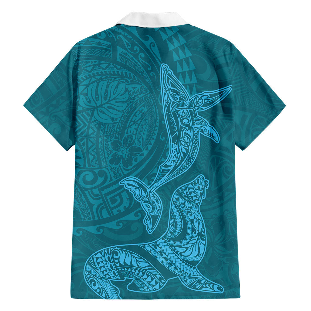 Hawaiian Monk Seal and Whale Family Matching Tank Maxi Dress and Hawaiian Shirt Kakau Tribal Pattern Teal Color LT03 - Polynesian Pride