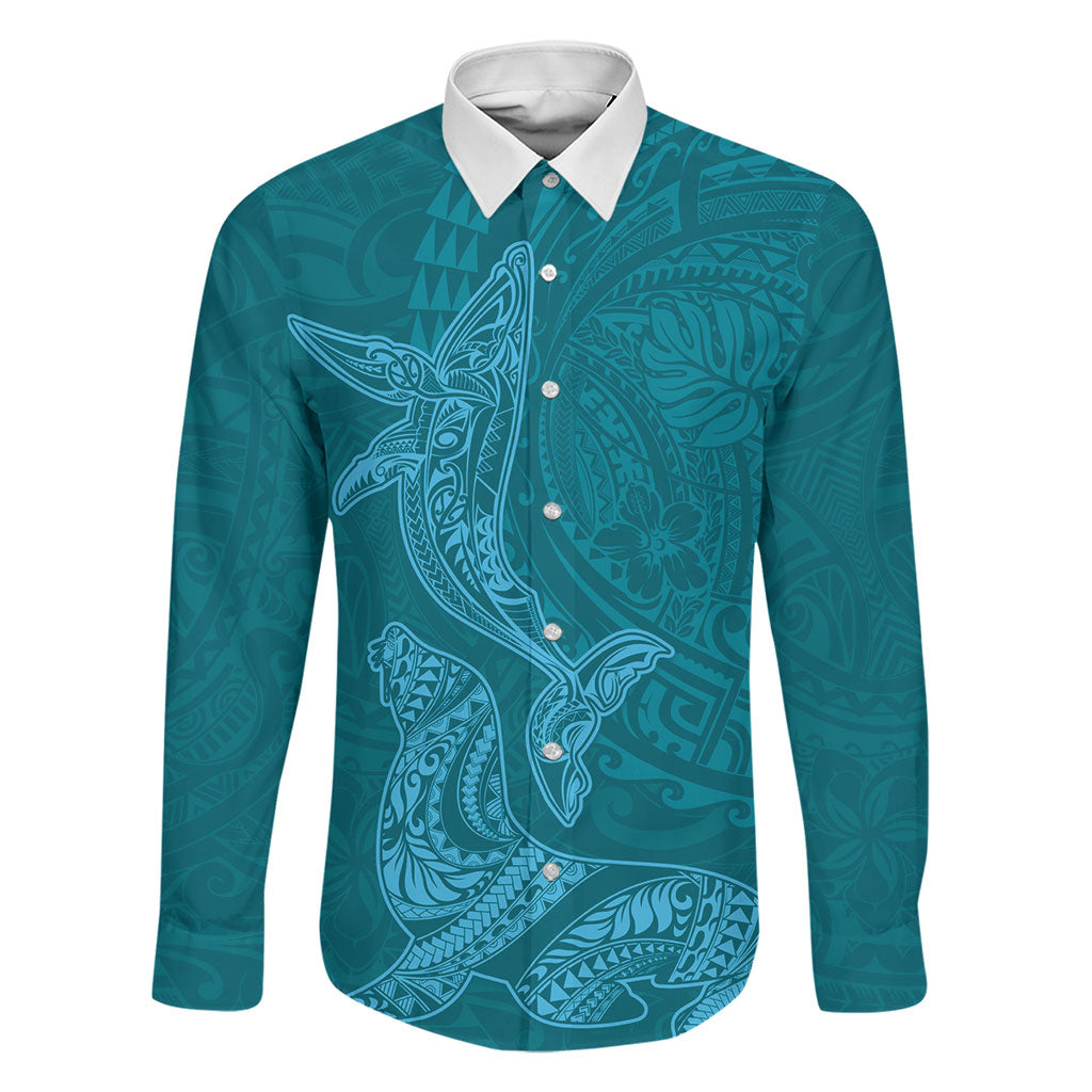 Hawaiian Monk Seal and Whale Family Matching Tank Maxi Dress and Hawaiian Shirt Kakau Tribal Pattern Teal Color LT03 Dad's Shirt - Long Sleeve Teal - Polynesian Pride