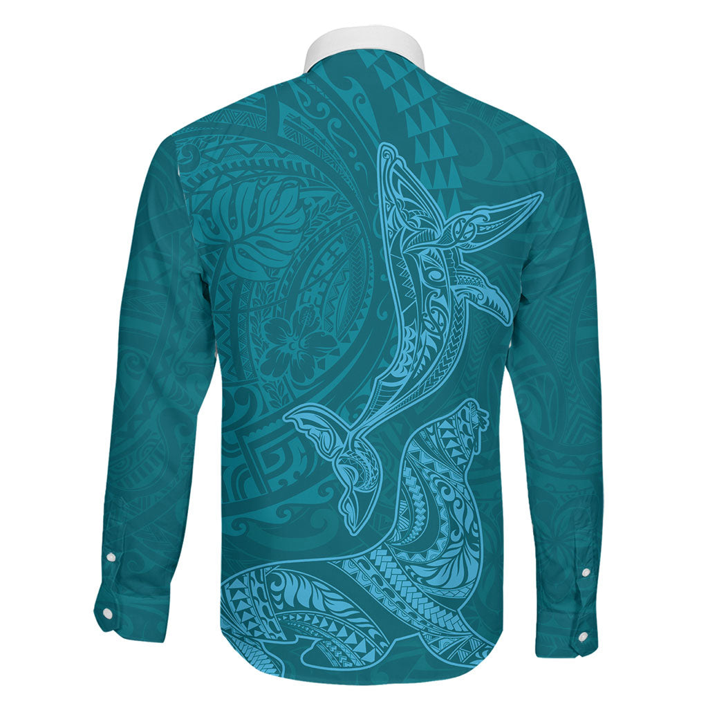 Hawaiian Monk Seal and Whale Family Matching Tank Maxi Dress and Hawaiian Shirt Kakau Tribal Pattern Teal Color LT03 - Polynesian Pride