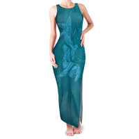 Hawaiian Monk Seal and Whale Family Matching Tank Maxi Dress and Hawaiian Shirt Kakau Tribal Pattern Teal Color LT03 Mom's Dress Teal - Polynesian Pride