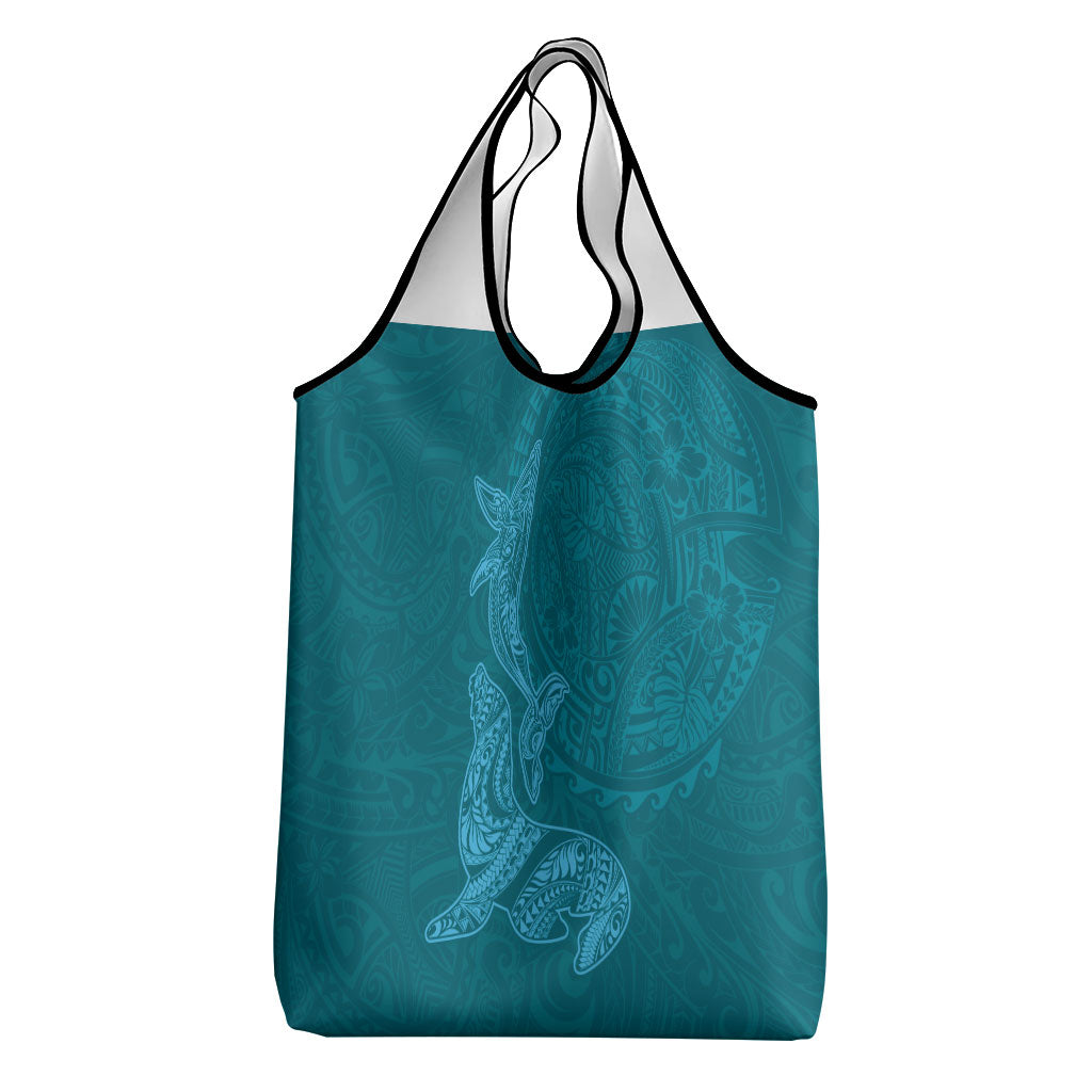 Hawaiian Monk Seal and Whale Grocery Bag Kakau Tribal Pattern Teal Color