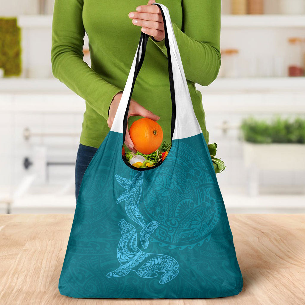 Hawaiian Monk Seal and Whale Grocery Bag Kakau Tribal Pattern Teal Color
