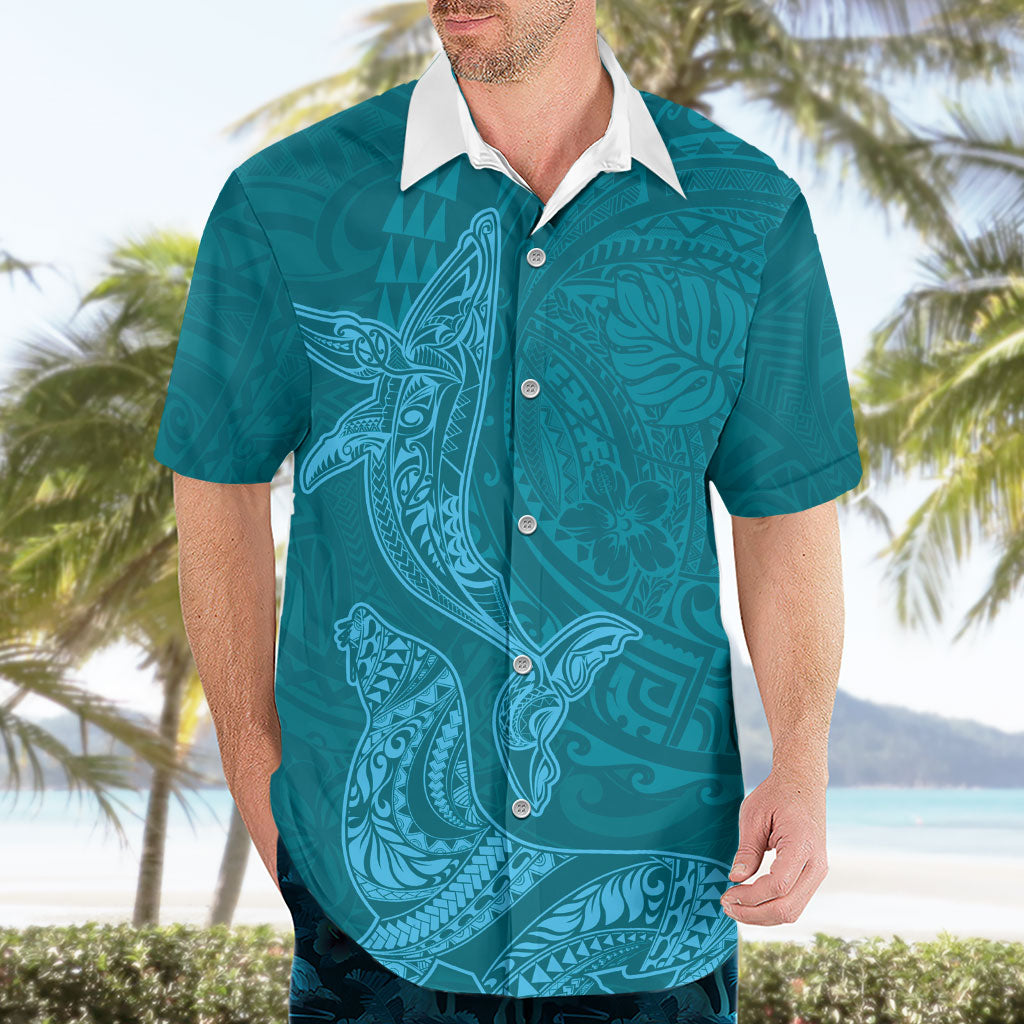 Hawaiian Monk Seal and Whale Hawaiian Shirt Kakau Tribal Pattern Teal Color