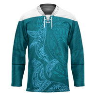 Hawaiian Monk Seal and Whale Hockey Jersey Kakau Tribal Pattern Teal Color
