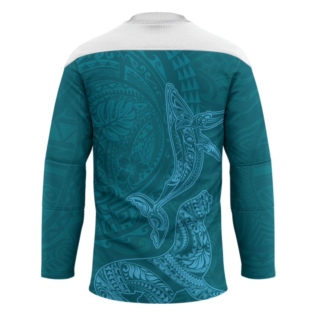 Hawaiian Monk Seal and Whale Hockey Jersey Kakau Tribal Pattern Teal Color