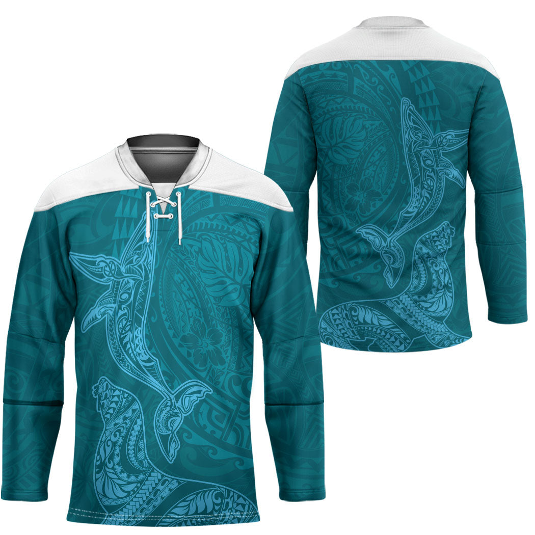 Hawaiian Monk Seal and Whale Hockey Jersey Kakau Tribal Pattern Teal Color