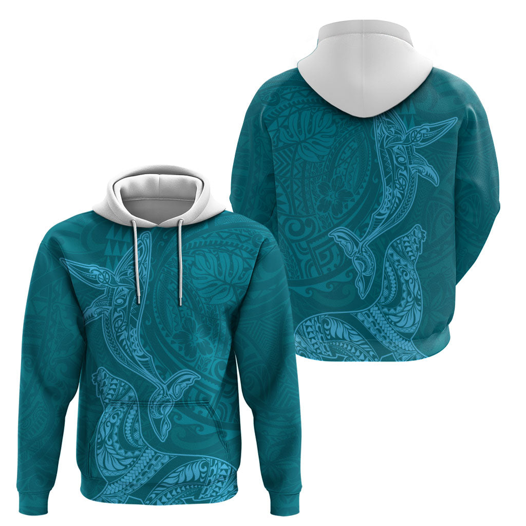 Hawaiian Monk Seal and Whale Hoodie Kakau Tribal Pattern Teal Color