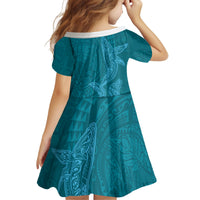 Hawaiian Monk Seal and Whale Kid Short Sleeve Dress Kakau Tribal Pattern Teal Color LT03 - Polynesian Pride
