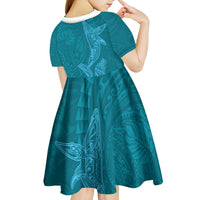 Hawaiian Monk Seal and Whale Kid Short Sleeve Dress Kakau Tribal Pattern Teal Color LT03 - Polynesian Pride