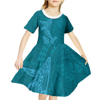 Hawaiian Monk Seal and Whale Kid Short Sleeve Dress Kakau Tribal Pattern Teal Color LT03 - Polynesian Pride