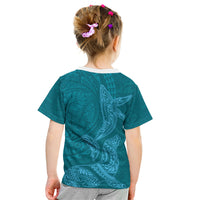 Hawaiian Monk Seal and Whale Kid T Shirt Kakau Tribal Pattern Teal Color