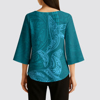 Hawaiian Monk Seal and Whale Kimono Sleeve Blouse Kakau Tribal Pattern Teal Color