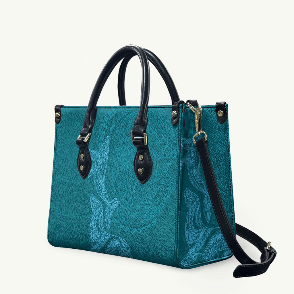 Hawaiian Monk Seal and Whale Leather Bag Kakau Tribal Pattern Teal Color