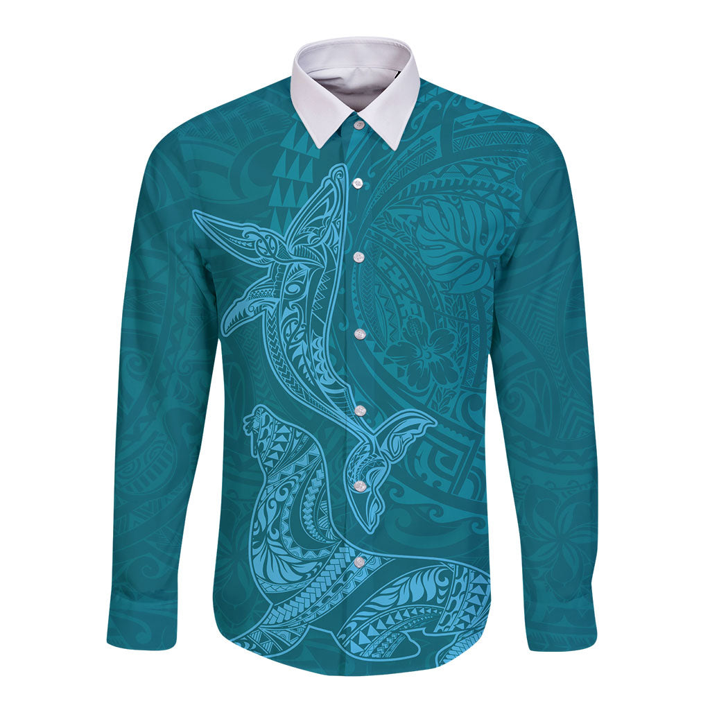 Hawaiian Monk Seal and Whale Long Sleeve Button Shirt Kakau Tribal Pattern Teal Color
