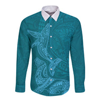 Hawaiian Monk Seal and Whale Long Sleeve Button Shirt Kakau Tribal Pattern Teal Color