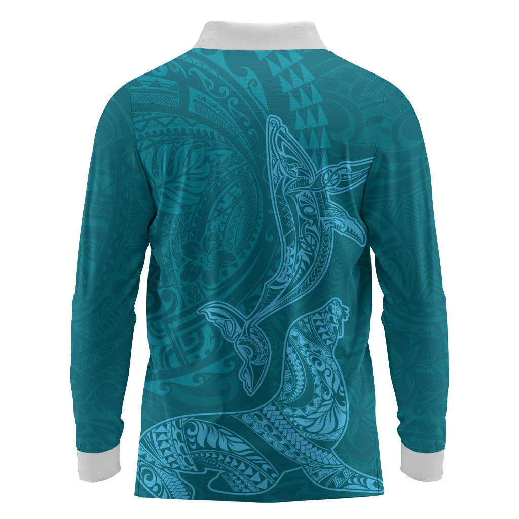 Hawaiian Monk Seal and Whale Long Sleeve Polo Shirt Kakau Tribal Pattern Teal Color