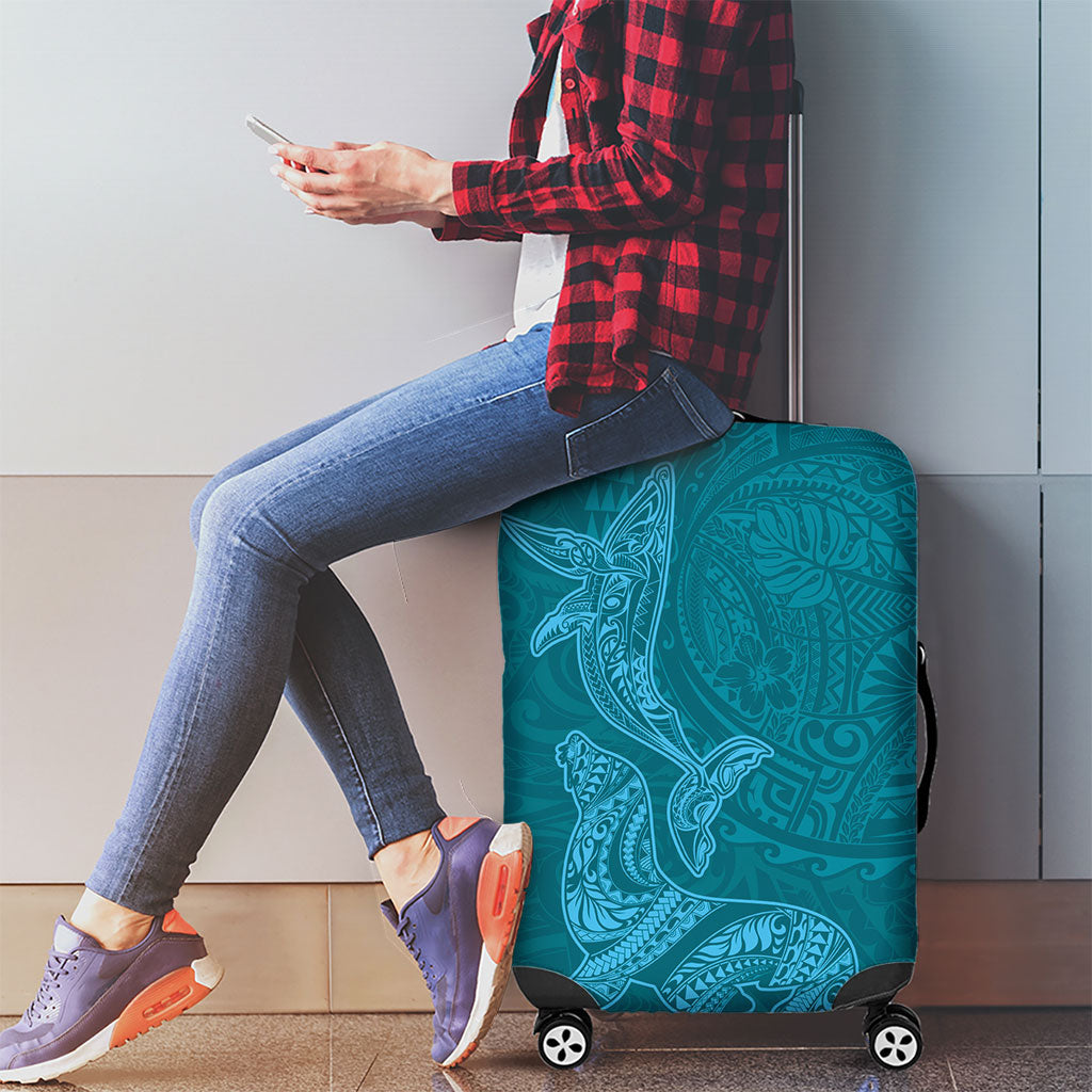 Hawaiian Monk Seal and Whale Luggage Cover Kakau Tribal Pattern Teal Color