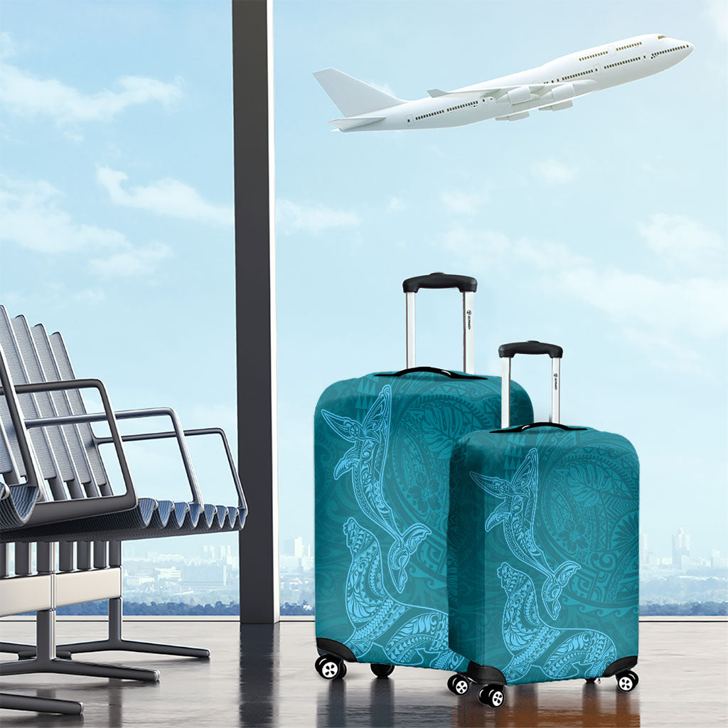 Hawaiian Monk Seal and Whale Luggage Cover Kakau Tribal Pattern Teal Color