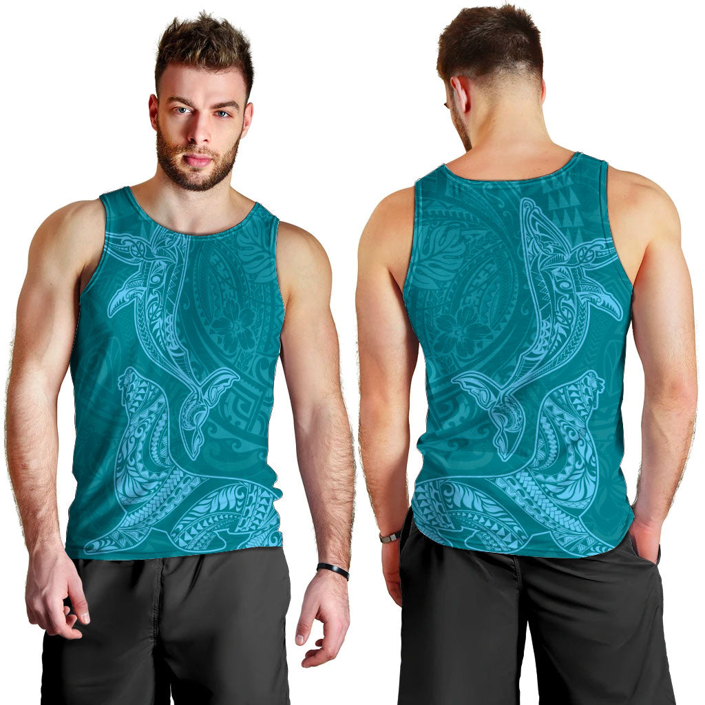 Hawaiian Monk Seal and Whale Men Tank Top Kakau Tribal Pattern Teal Color