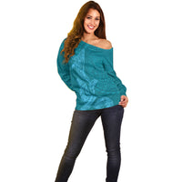 Hawaiian Monk Seal and Whale Off Shoulder Sweater Kakau Tribal Pattern Teal Color