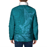 Hawaiian Monk Seal and Whale Padded Jacket Kakau Tribal Pattern Teal Color