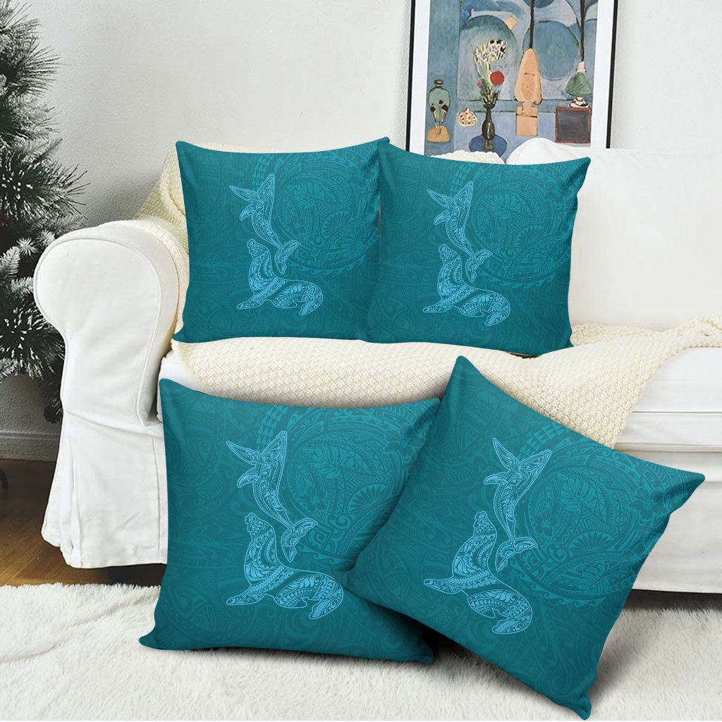 Hawaiian Monk Seal and Whale Pillow Cover Kakau Tribal Pattern Teal Color