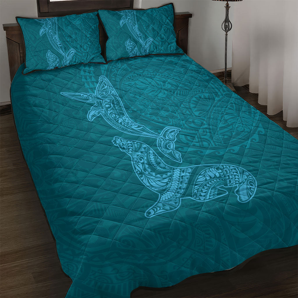 Hawaiian Monk Seal and Whale Quilt Bed Set Kakau Tribal Pattern Teal Color LT03 Teal - Polynesian Pride
