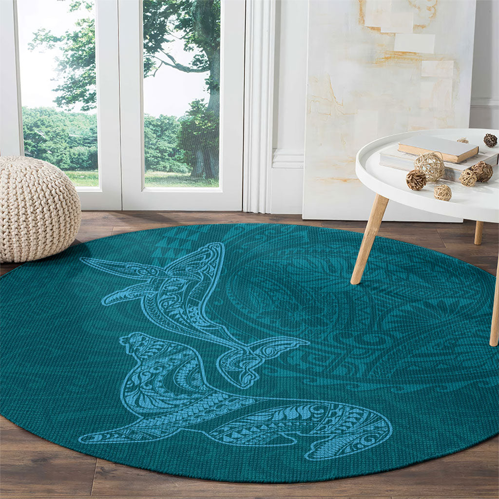 Hawaiian Monk Seal and Whale Round Carpet Kakau Tribal Pattern Teal Color LT03 - Polynesian Pride
