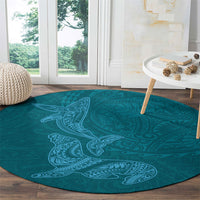 Hawaiian Monk Seal and Whale Round Carpet Kakau Tribal Pattern Teal Color LT03 - Polynesian Pride