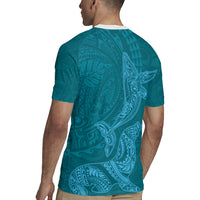 Hawaiian Monk Seal and Whale Rugby Jersey Kakau Tribal Pattern Teal Color